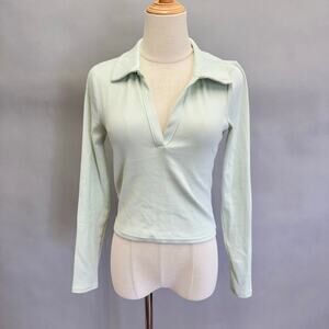 Abercrombie & Fitch Mint Green Ribbed Polo Long Sleeve Cropped Top Size Small‎